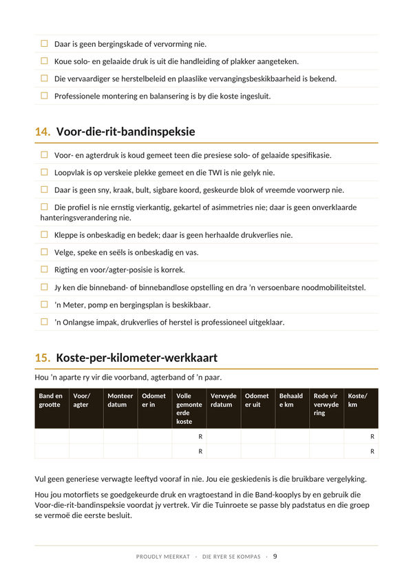 Bladsy 9 van 9 uit die Bande Uitgawe. Voor-die-rit-inspeksie en koste per kilometer.