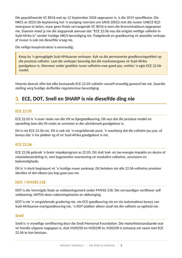 Bladsy 3 van 10 uit die Pletterpet Gids. ECE, DOT, Snell en SHARP is nie dieselfde nie.