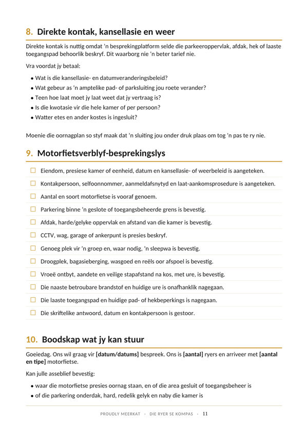 Bladsy 11 van 12 uit die Verblyf Gids. Die besprekingslys en 'n boodskap wat jy kan stuur.