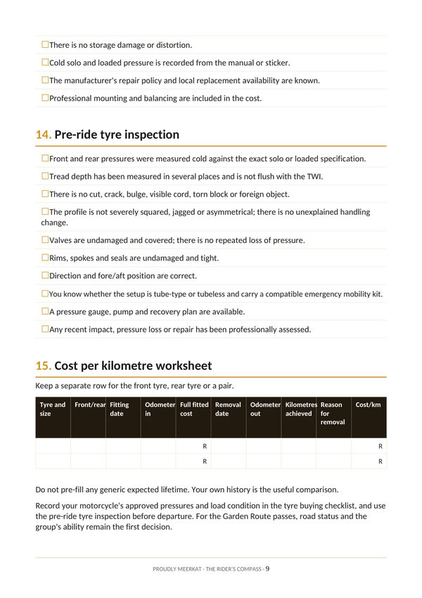 Page 9 of 9 from the Tyre Edition. Pre-ride inspection and cost per kilometre.