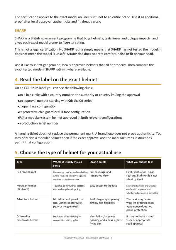 Page 4 of 10 from the Helmet Guide. Read the label and choose the type of helmet.