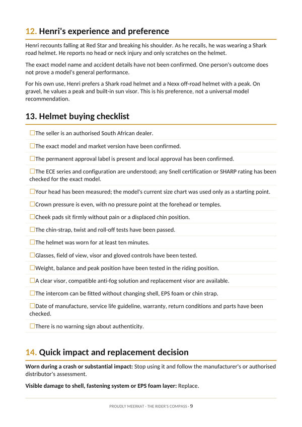 Page 9 of 10 from the Helmet Guide. Henri's experience and the buying checklist.
