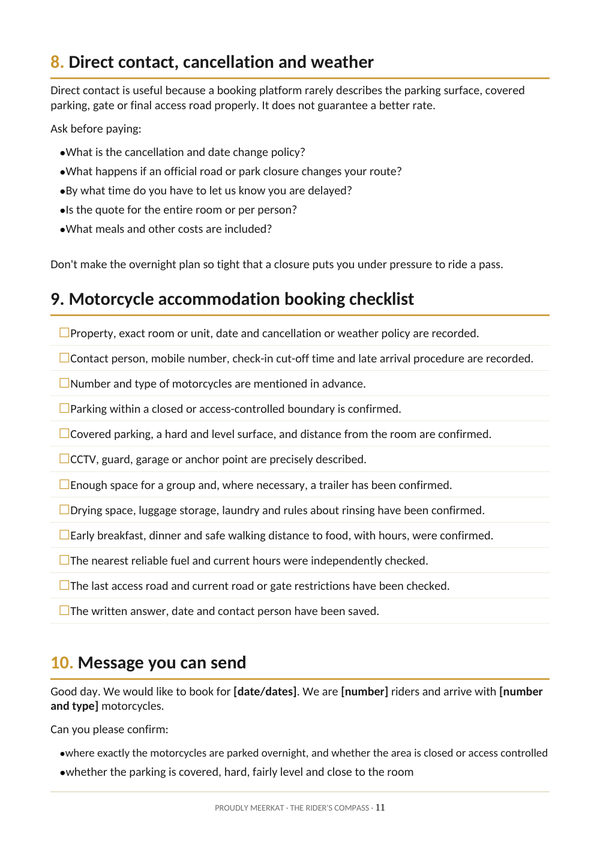 Page 11 of 12 from the Accommodation Guide. The booking checklist and a message you can send.