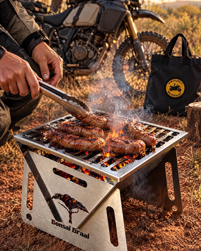 'n Ryer draai boerewors op die Bonsai Braai langs die motorfiets, met die Proudly Meerkat-seilsak langsaan.