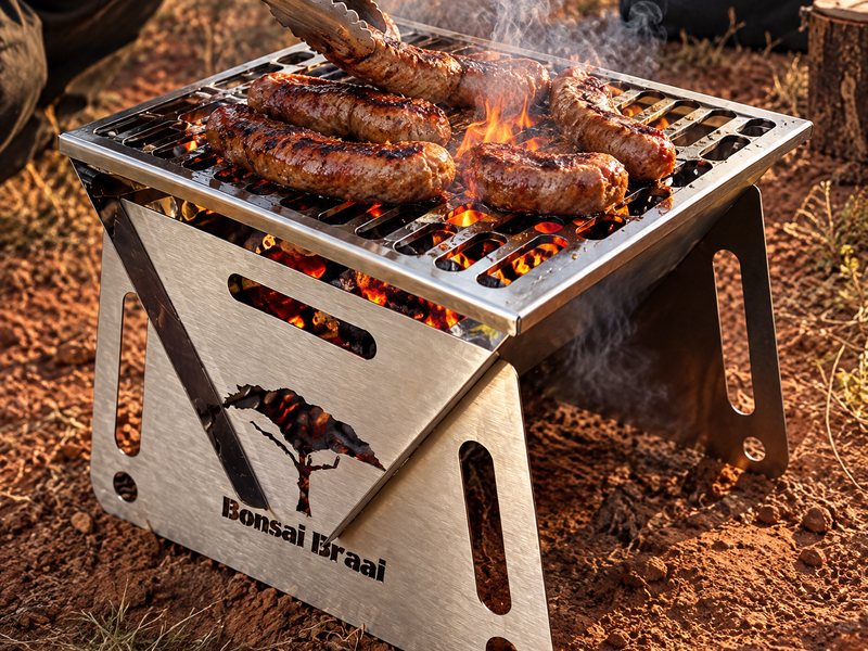 Die Bonsai Braai staan in die veld met boerewors op die rooster en kole wat deur die uitgesnyde kante gloei.