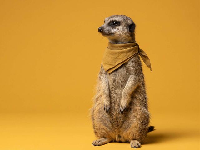 A meerkat with a gold scarf stands upright, watching the horizon.