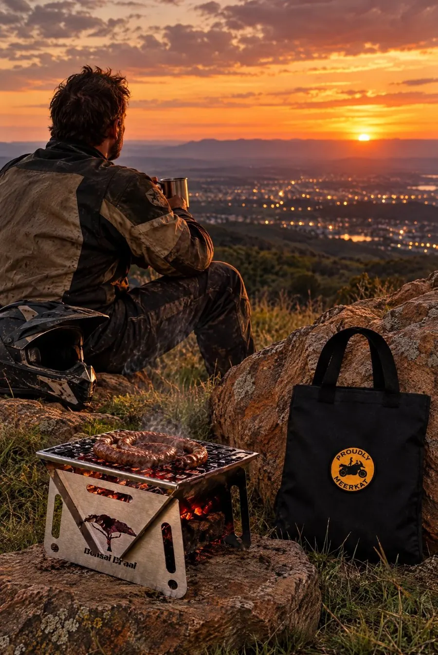 A rider on a rock at sunset with the Bonsai Braai and its canvas bag