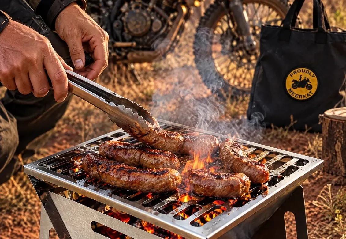 A rider turning boerewors on the Bonsai Braai next to an adventure bike