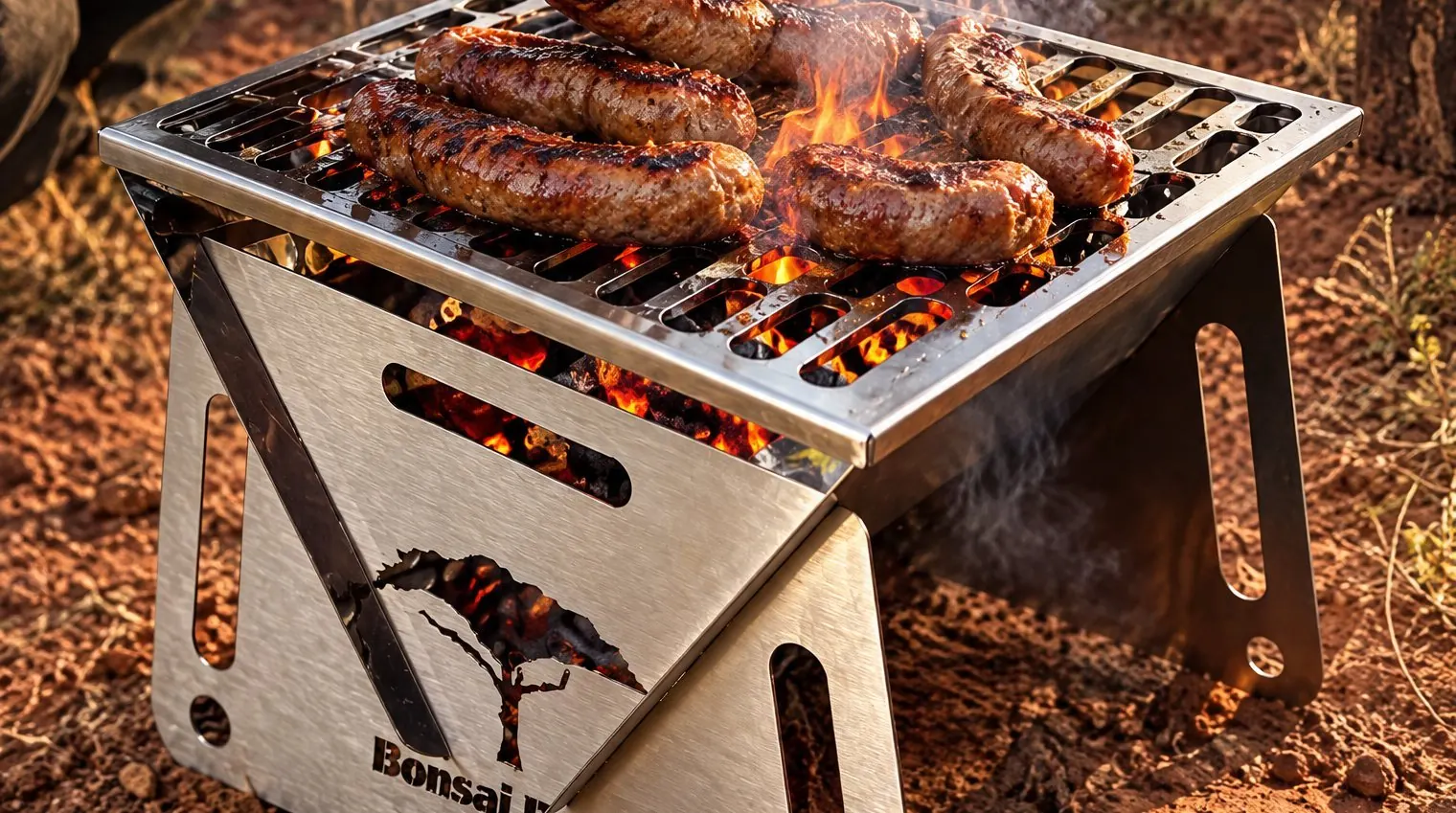 Boerewors over open flames on the Bonsai Braai grid